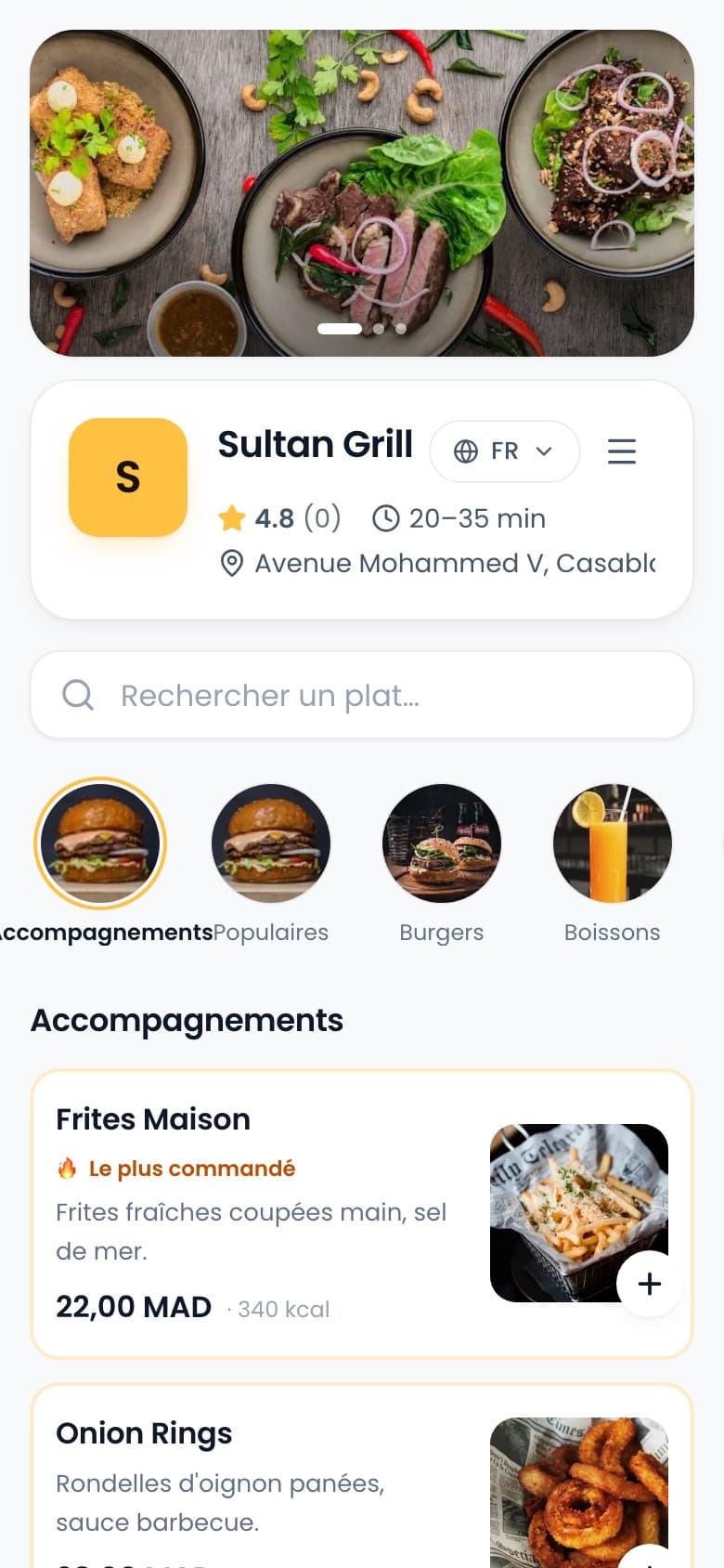 Menu digital d’un restaurant sur téléphone : photos des plats, prix en dirhams et bouton de commande